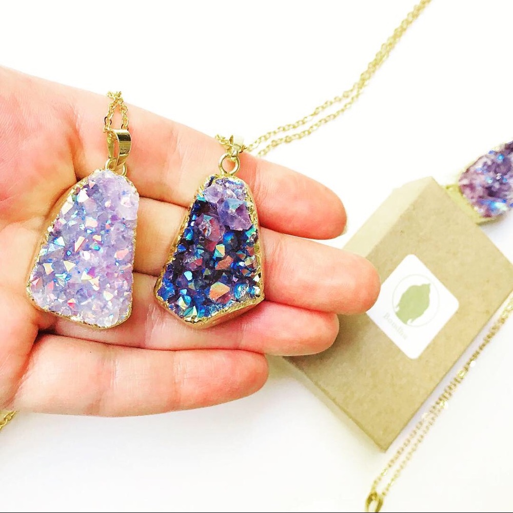 3 for 30⚡️ Purple Aura Quartz Crystal Cluster Gold Necklace
